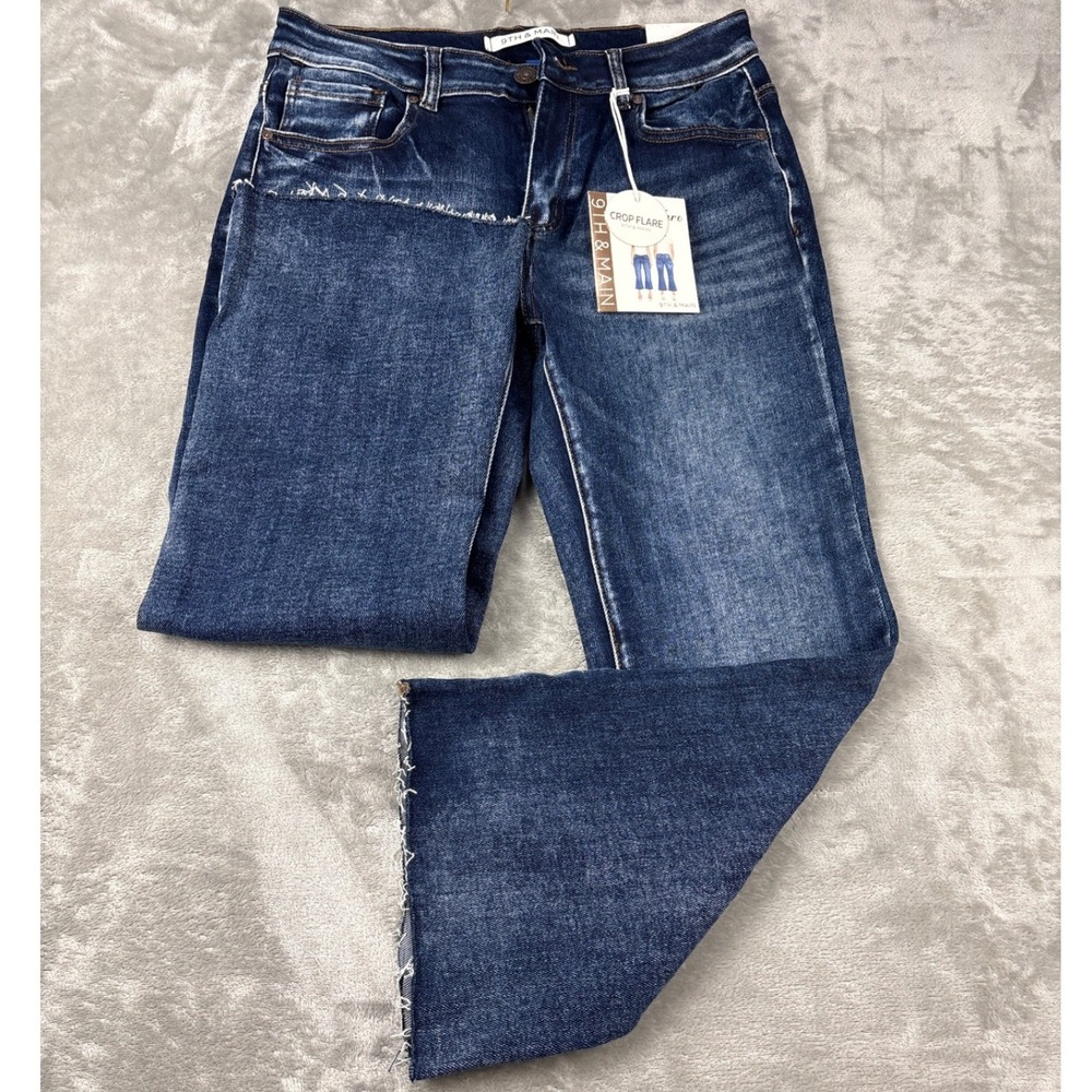 9th & Main Womens Crop Flare Jeans Mid Rise Dark Wash Raw Hem Size 12 Inseam 25